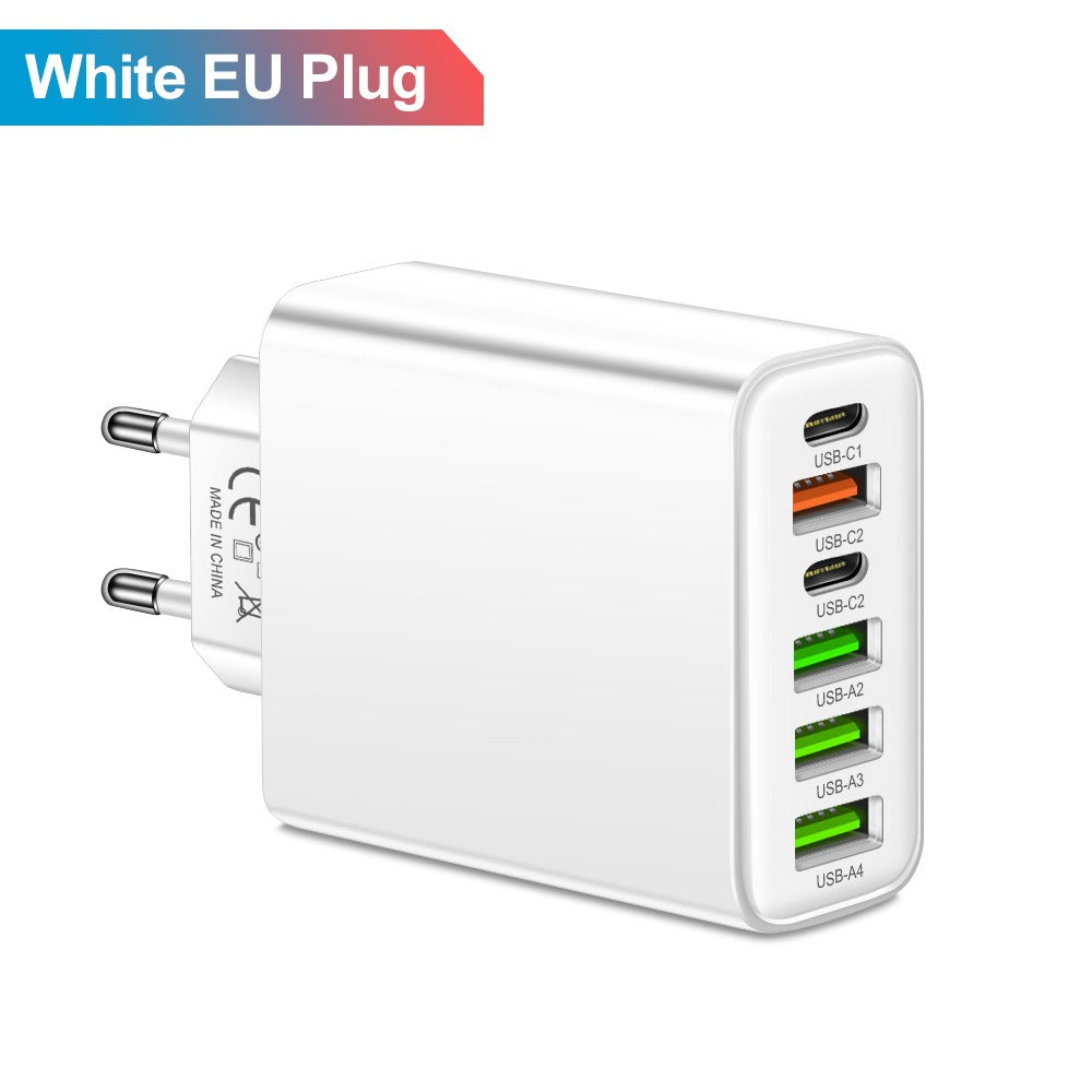 6-in-1 Multi-Port Travel Wall Charger - 2 Type-C PD & 4 USB Fast Charging Adapter