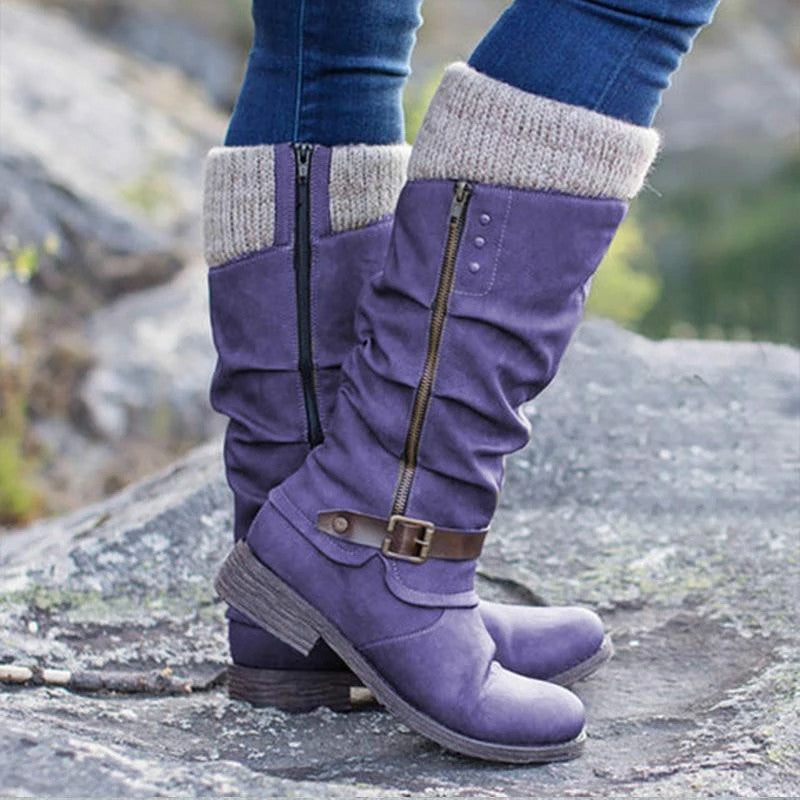Women's Thick Heel Yarn Splicing Mid-Calf Boots with Side Zipper