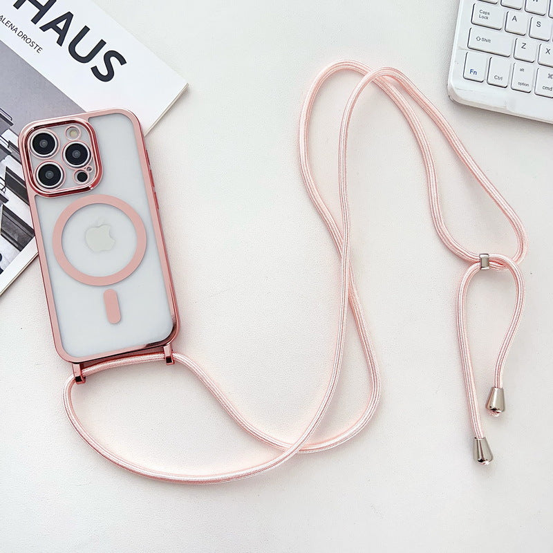 Electroplated Transparent Magnetic Lanyard Phone Case - Crossbody Shockproof Protective Cover for iPhone