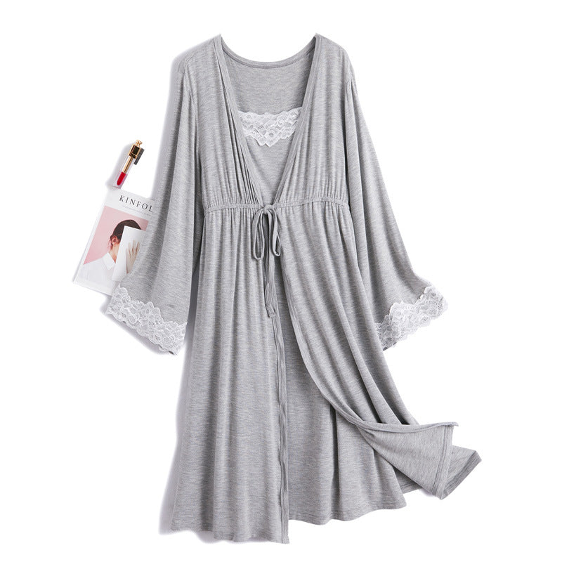 Women's Modest Modal Postpartum Robe and Nightgown Two-Piece Nursing Set