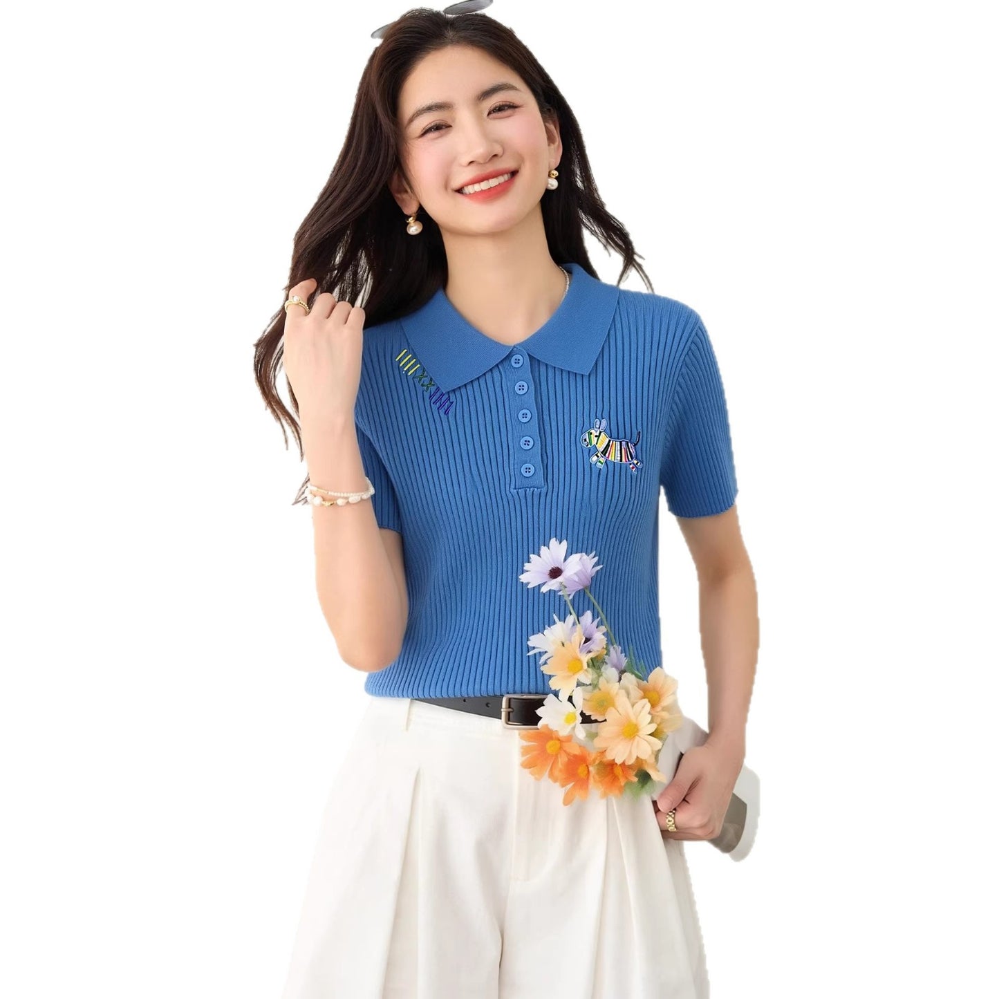 Women's Slim Fit Blue Polo Knit Shirt - Embroidered Short Sleeve Top