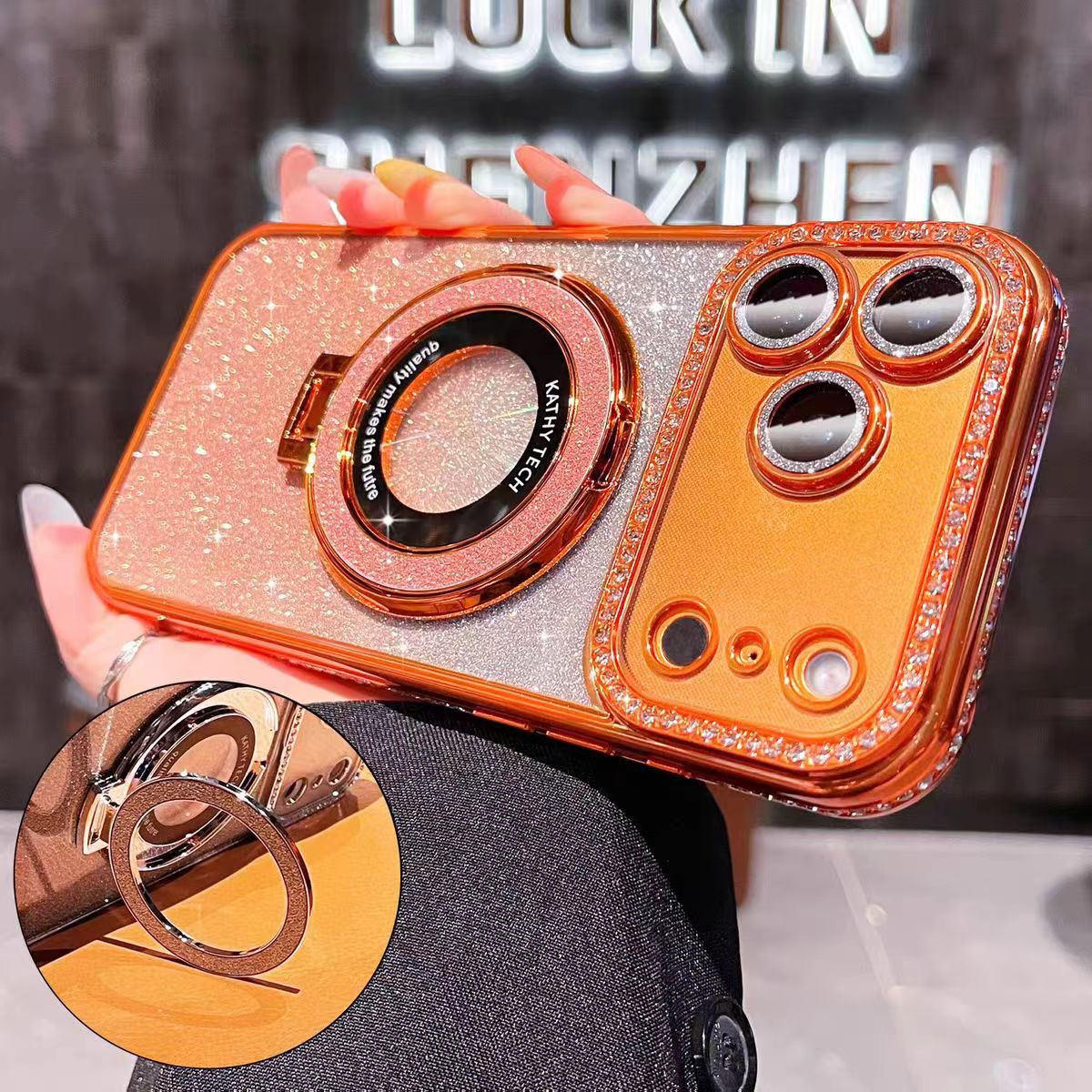 Crystal Glitter Magnetic Phone Case - Bling Stand Cover with Lens Protector for iPhone