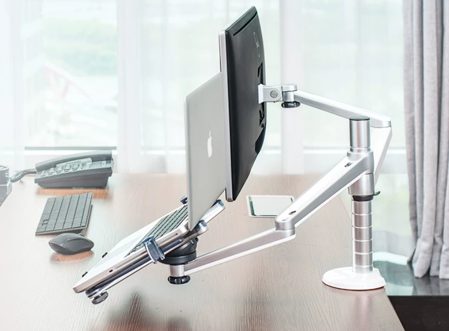 Dual Monitor and Laptop Stand Arm - Aluminum Alloy Double-Section Mount for Desktop Screens and Notebooks