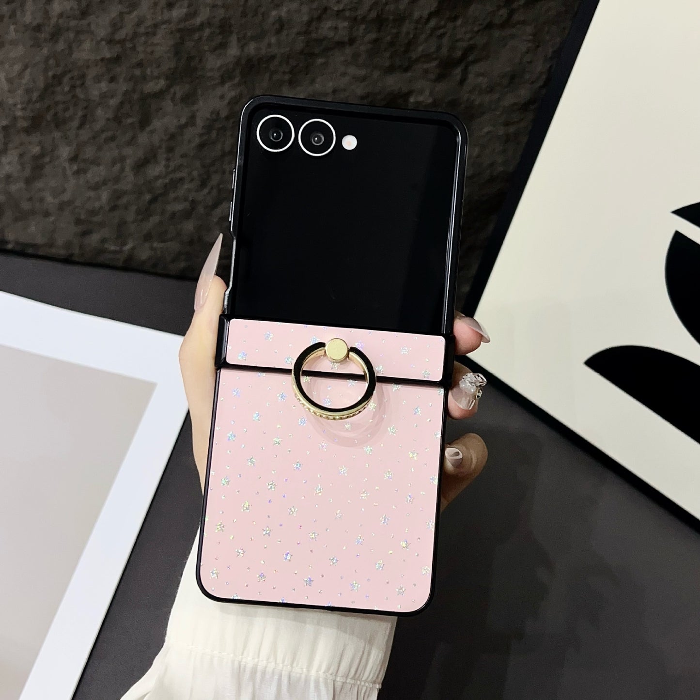 Glitter Star Pattern Leather Case with Metal Ring Holder for Samsung Galaxy Z Flip 6 5 4 - Slim Shockproof Cover