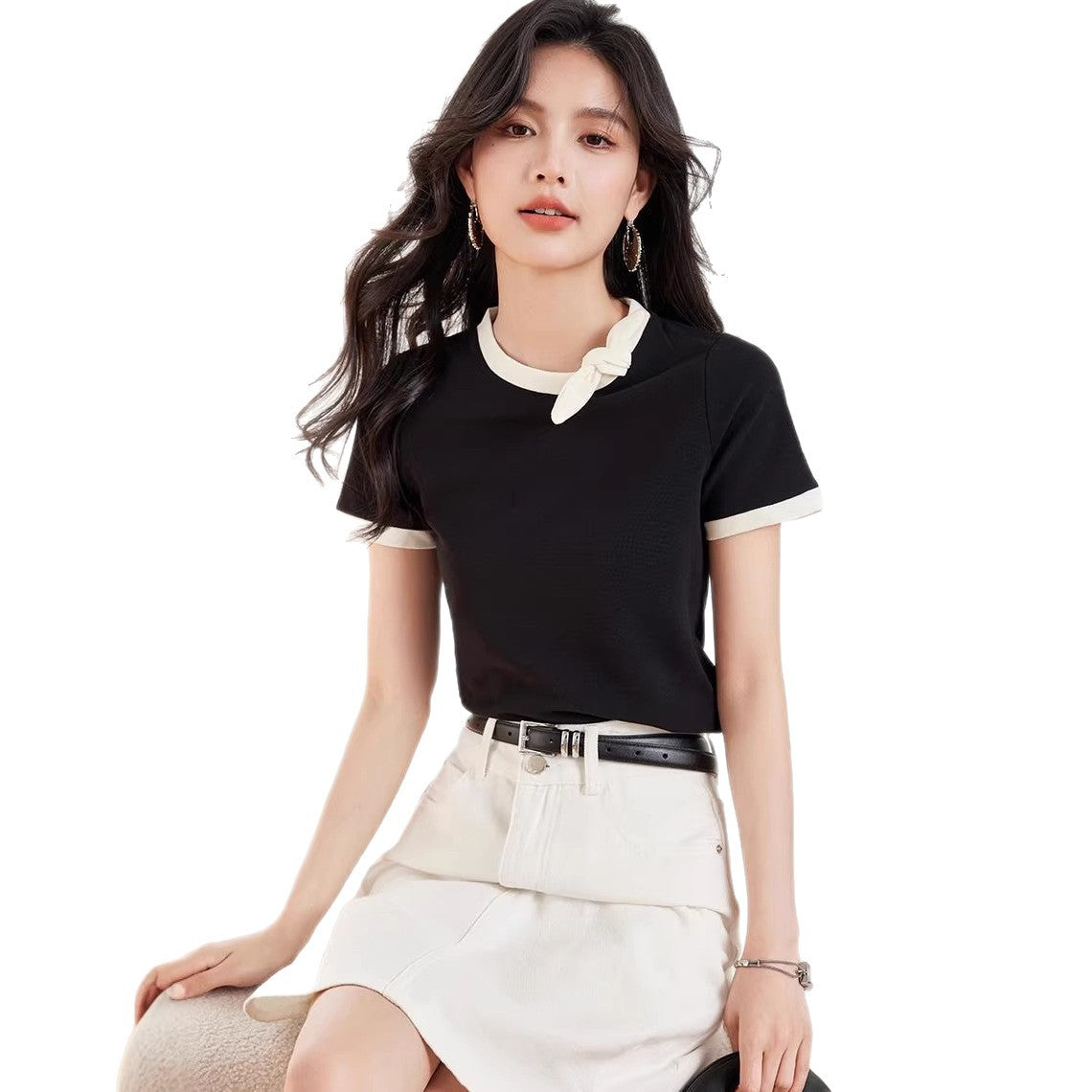 Chic Black Cotton T-Shirt for Women - Short Sleeve Summer Top with Bow Detail