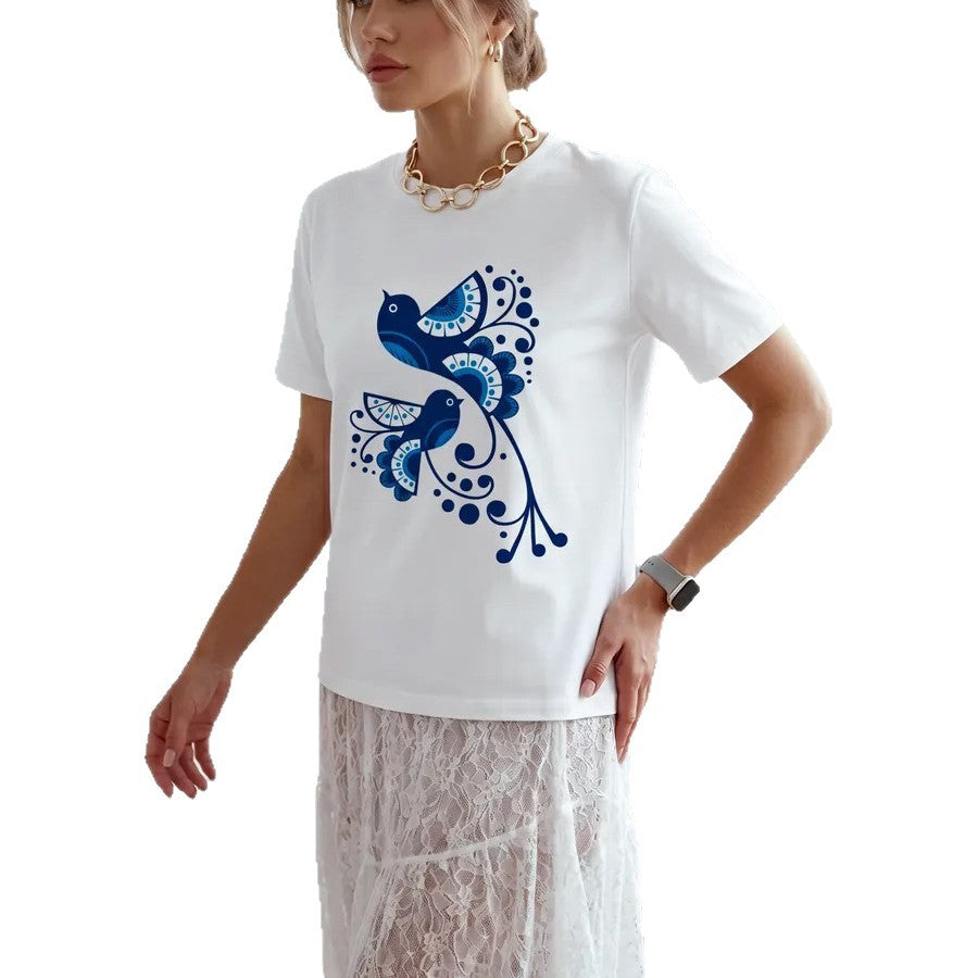 Women's Casual White Loose Round Neck Short Sleeved Tee