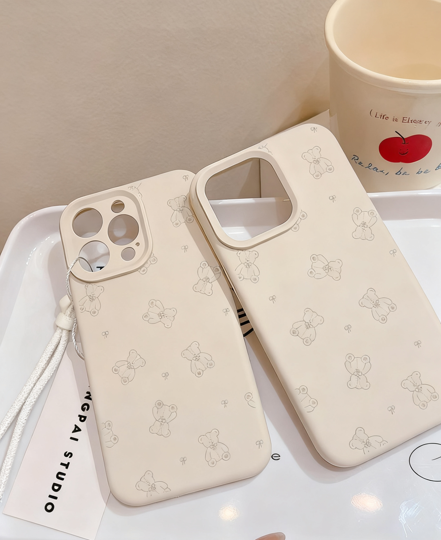 Cute Teddy Bear Pattern Liquid Silicone Phone Case for iPhone 16 15 14 Pro Max - Soft Lens Protection Cover