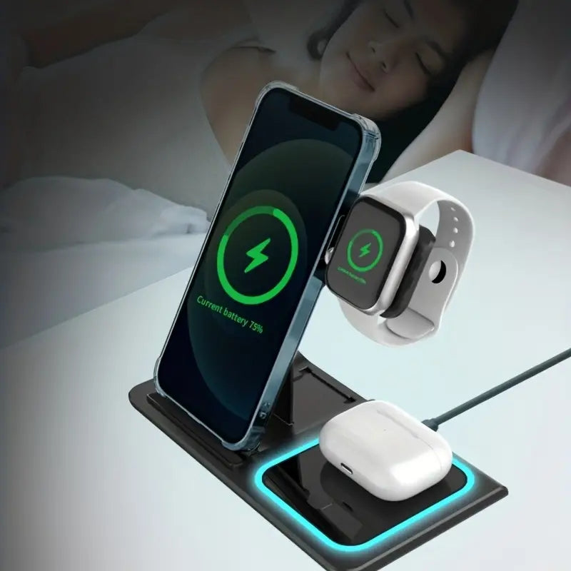 3-in-1 Foldable 15W Fast Wireless Charging Station Stand for iPhone, Apple Watch & AirPods