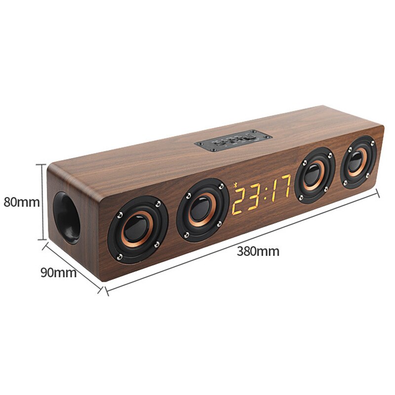 Wooden Bluetooth Soundbar Speaker - Portable Wireless Home Theater Subwoofer with Alarm Clock & FM Radio