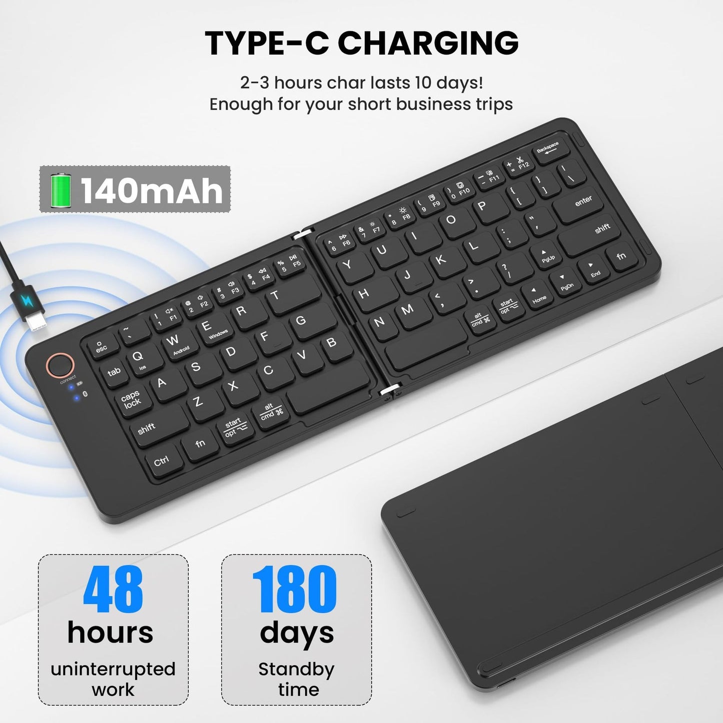 Ultra-Slim Folding Portable Bluetooth Keyboard - Dual-Mode Rechargeable Wireless Keyboard with One-Click Connection