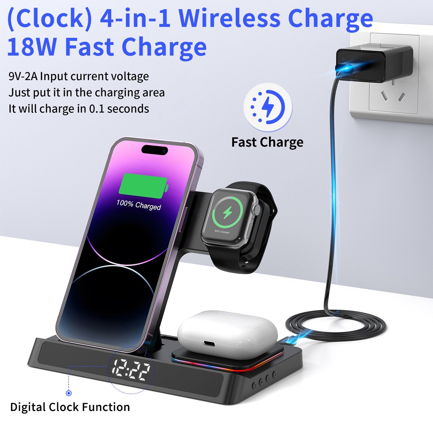 4-in-1 Folding Wireless Charging Station - Desktop Dock with Clock for iPhone & Apple Watch