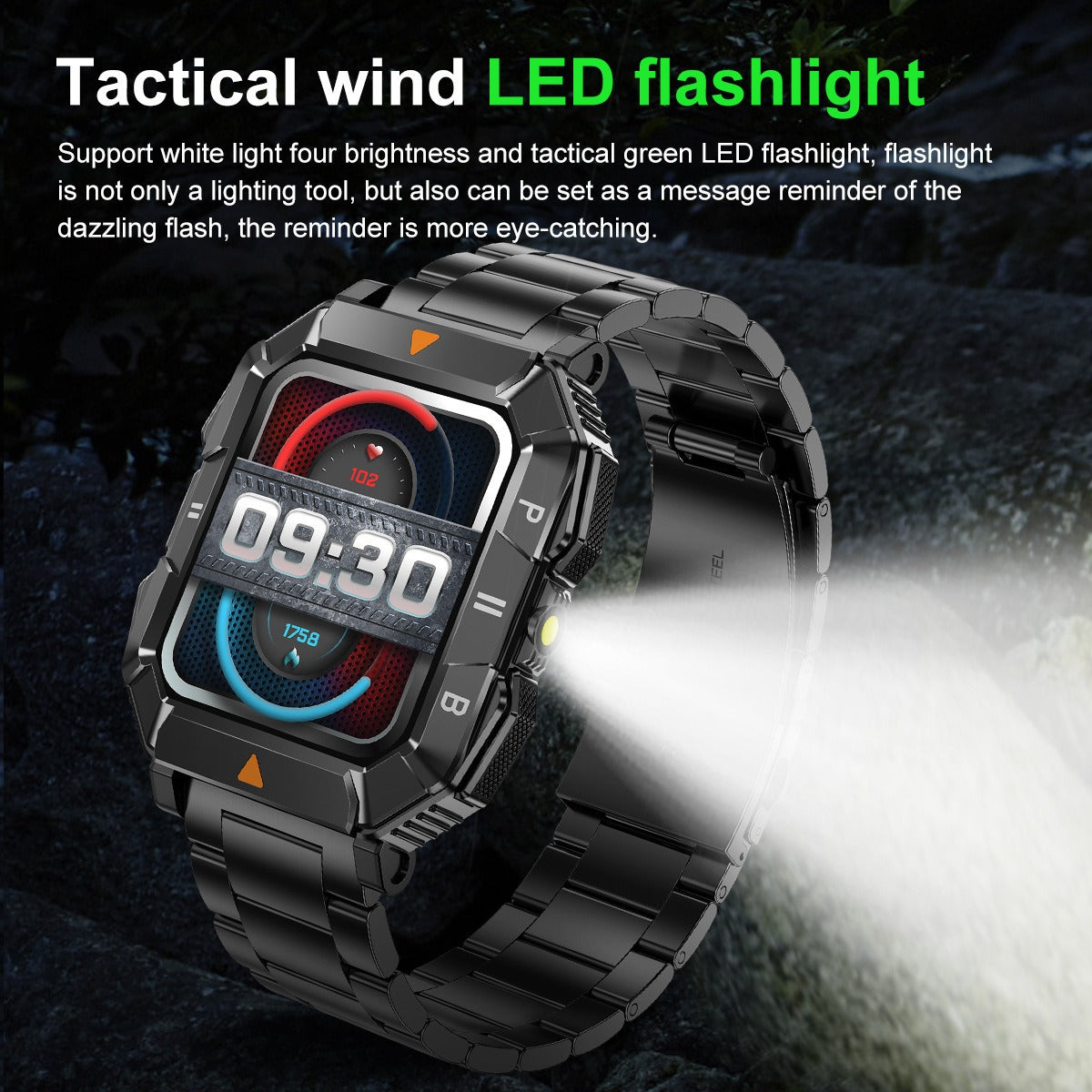 YK03 Smart Watch - Bluetooth Calling Rugged Smartwatch with Built-in Flashlight, Heart Rate & Blood Oxygen Monitoring