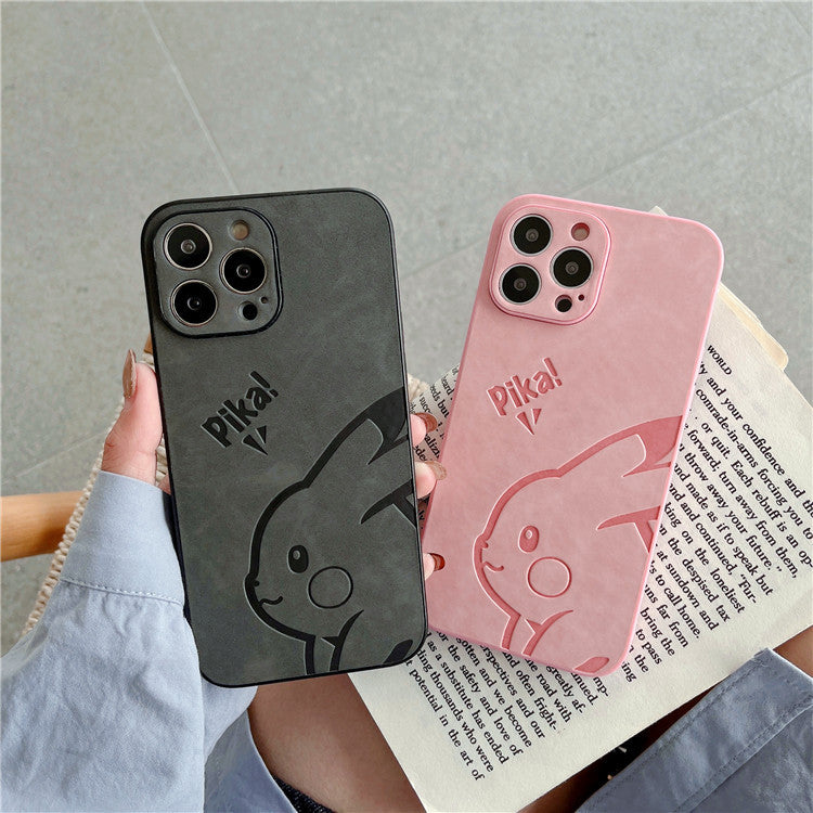 Cute Pikachu Embossed Leather Phone Case for iPhone 16 15 14 13 12 Pro Max - Soft Matte Cover