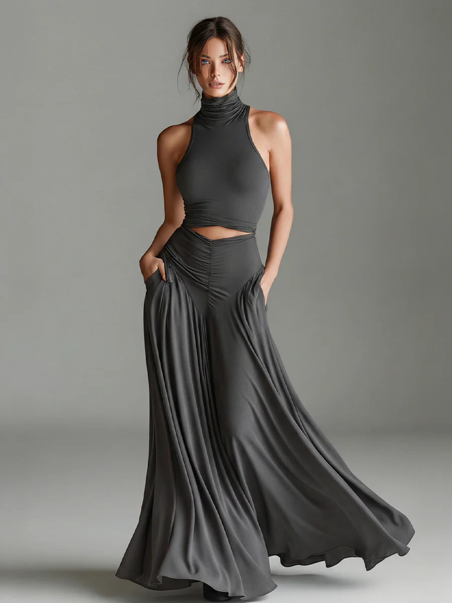 Chic Solid Color Two-Piece Dress Set - High Waist Ruched Long Skirt Outfit