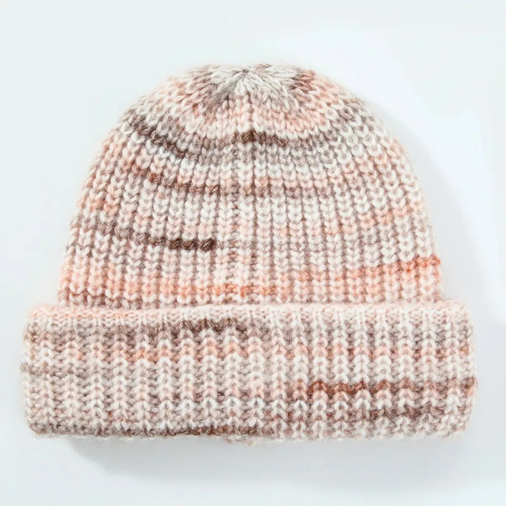 Unisex Thermal Contrast Color Knit Beanie Hat | Soft Warm Ribbed Winter Skull Cap
