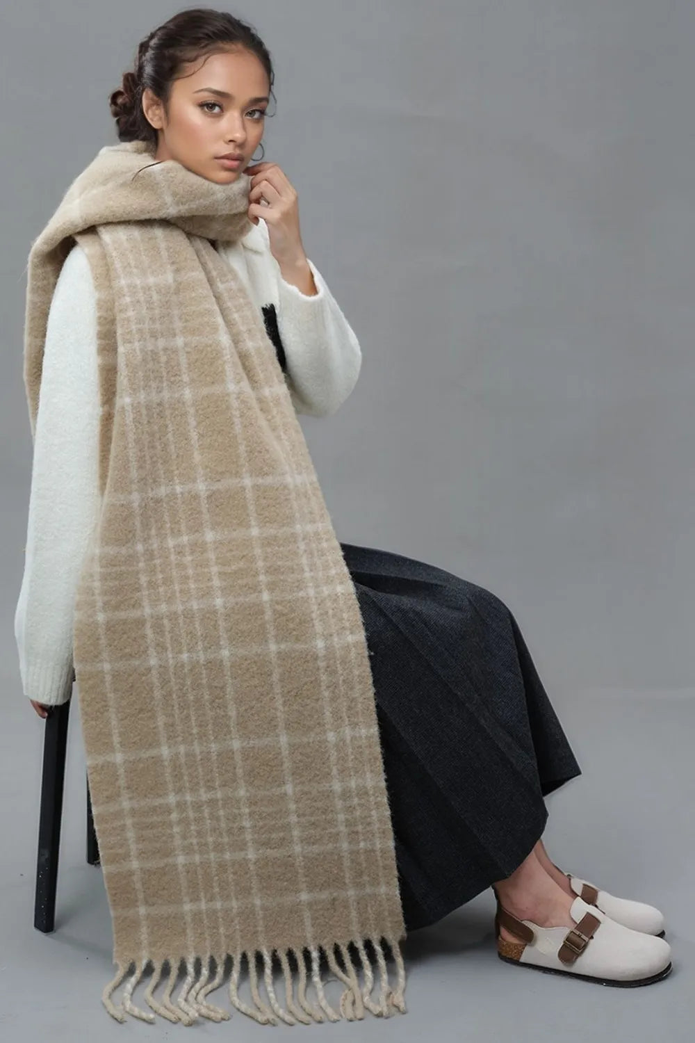 Women's Oversized Red Plaid Scarf | Soft Thermal Fringe Winter Shawl & Blanket Wrap