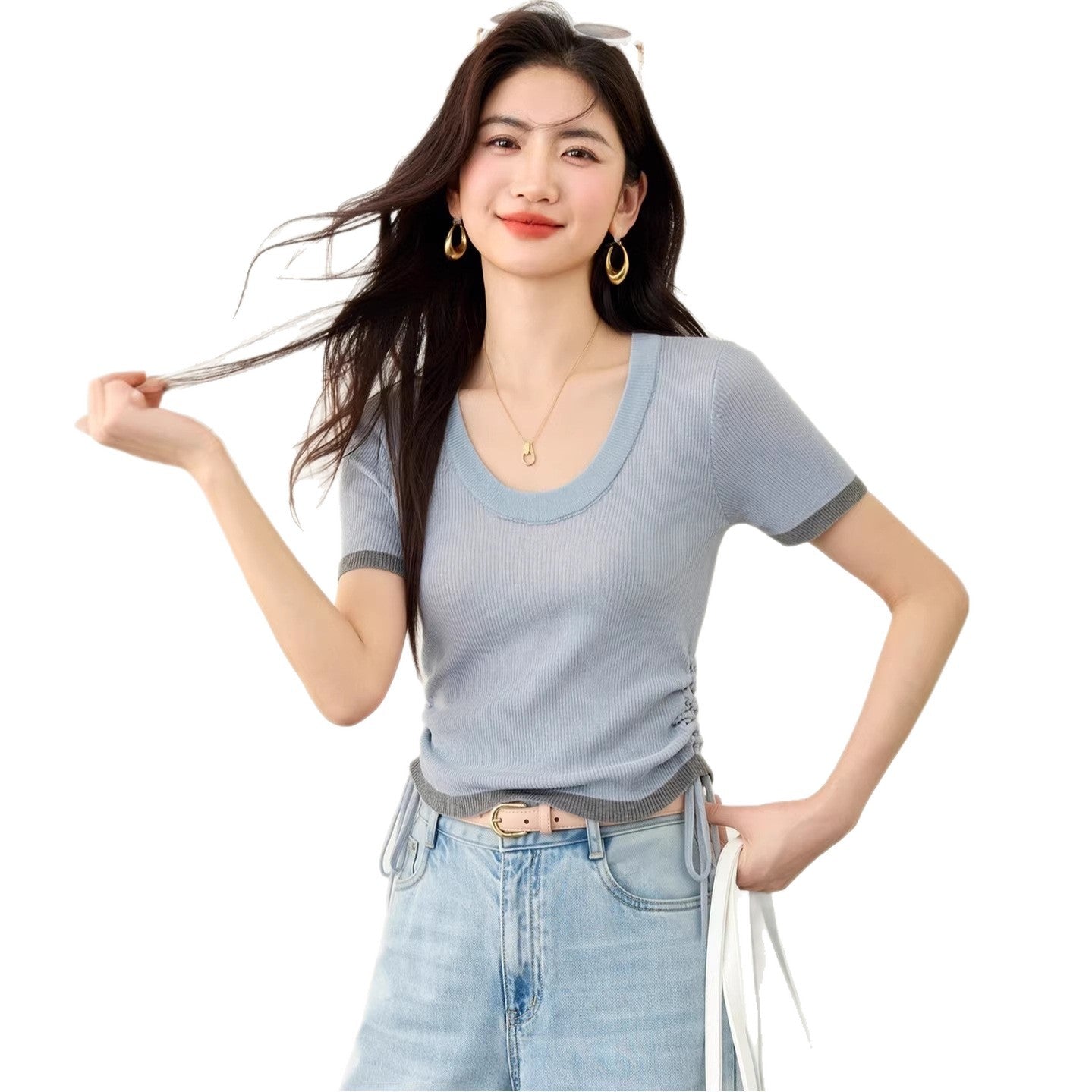 Women's U-Neck Color-Block Knit Top - Slimming Waist Cinching T-Shirt