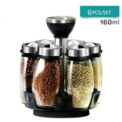 ASLESY Rotating Spice Rack Set with Cruet Condiment Seasoning Jars