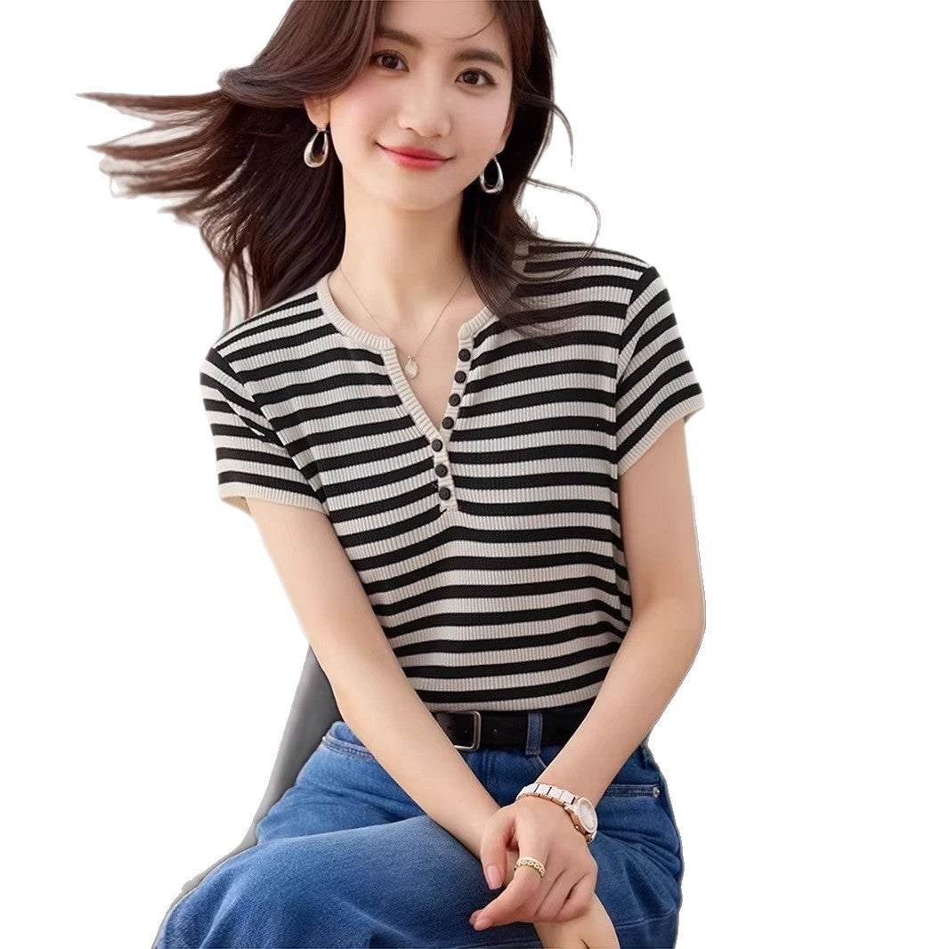 Women's Striped Knitted Short Sleeve Top - Chic Slim Fit V-Neck Shirt