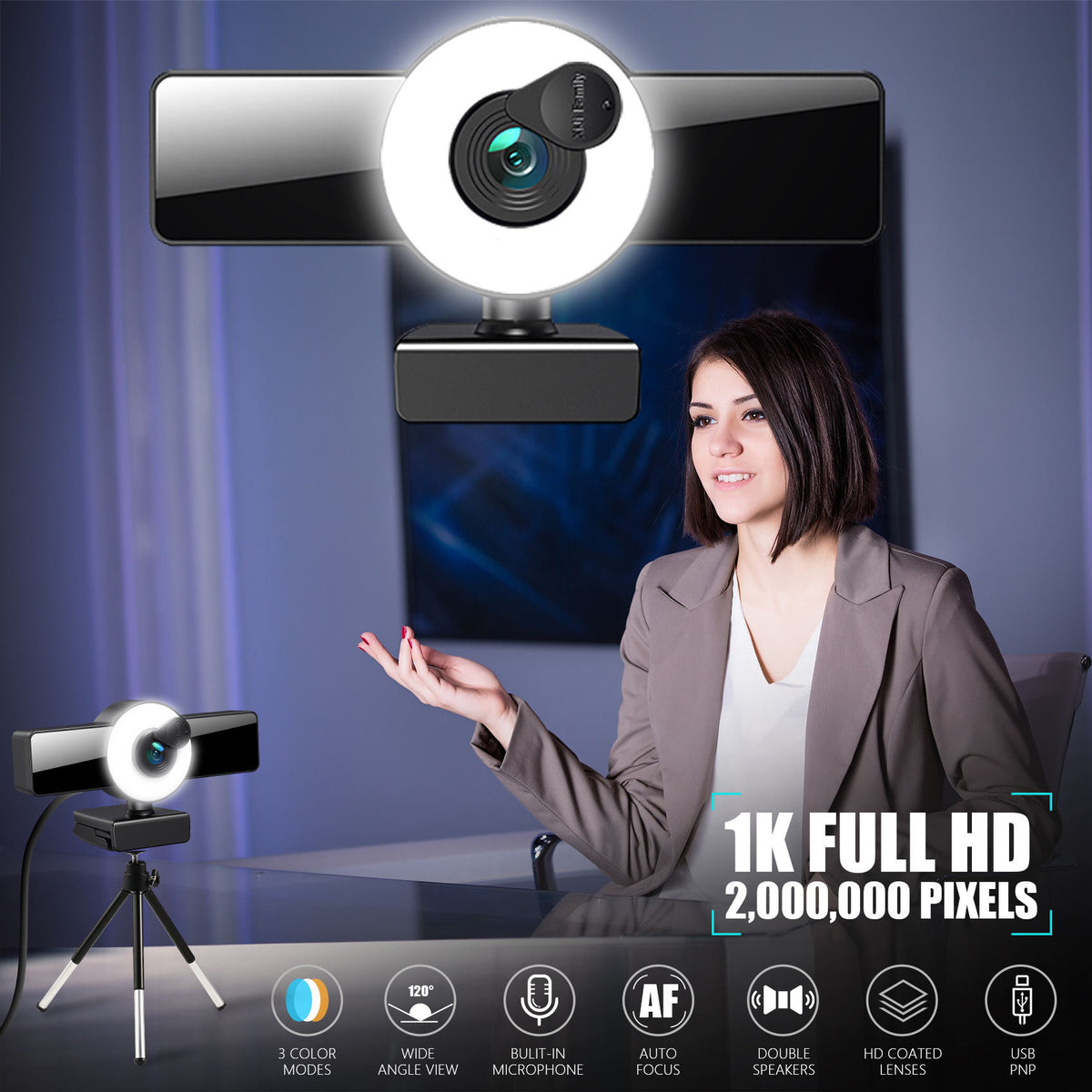 4K Autofocus USB Streaming Webcam - HD Computer Camera with Ring Fill Light & Built-in Microphon