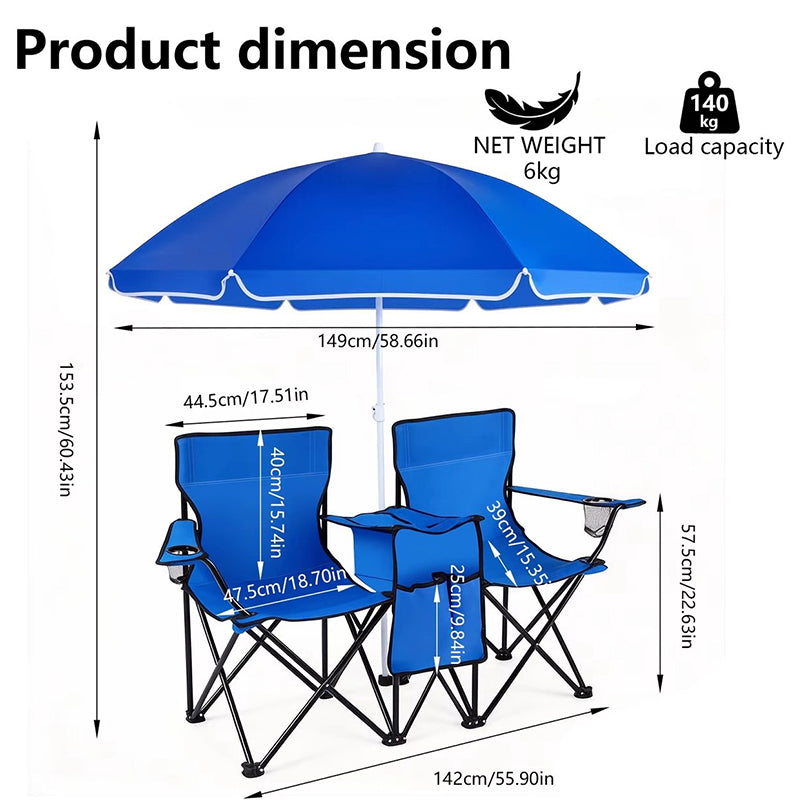 Double Camping Loveseat Chair with Umbrella - Folding Outdoor Beach Chair Set with Cooler & Side Table