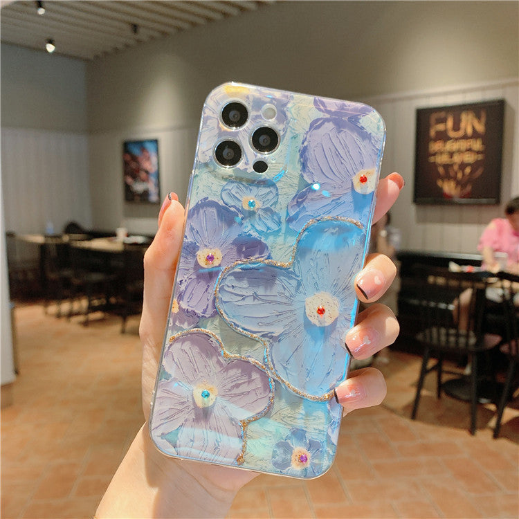 3D Oil Painting Purple Blue Floral Phone Case with Rhinestones for iPhone 16 15 14 13 Pro Max - Aesthetic Flower Cover