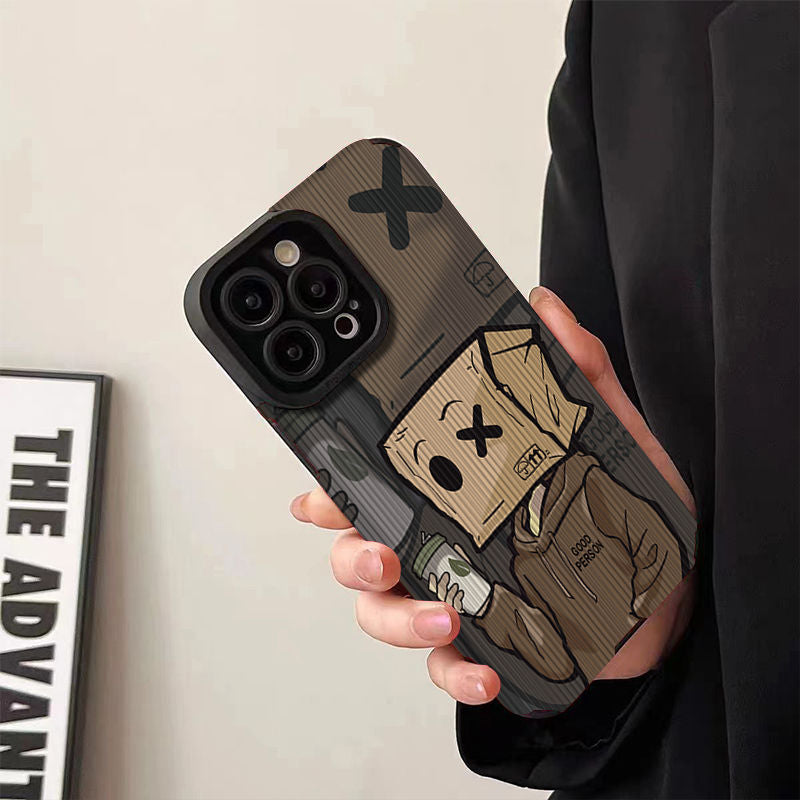 Funny Cardboard Box Head Social Anxiety Cartoon Phone Case for iPhone 15 14 13 12 11 Pro Max - Soft TPU Cover