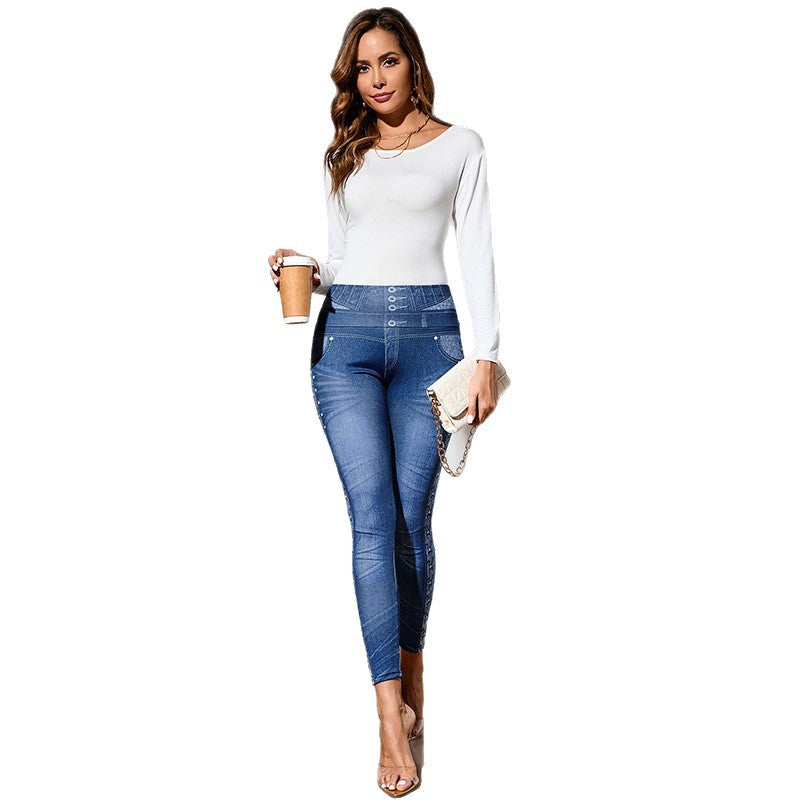 Denim-Style Fitness Pants for Women - High Waist Slimming Running Yoga Leggings