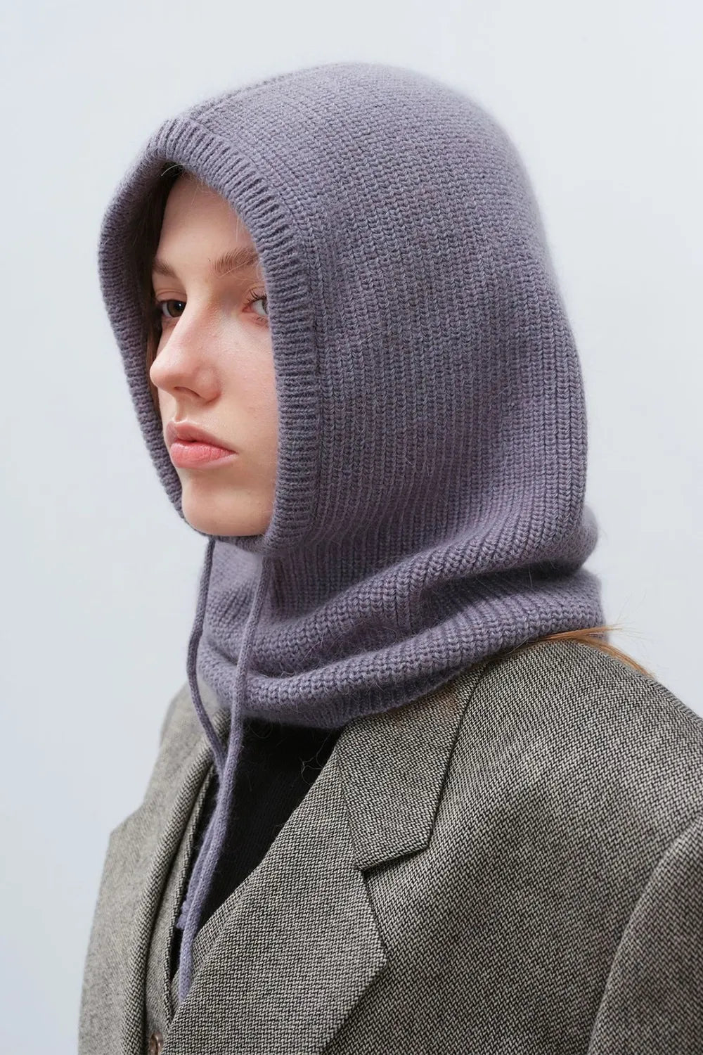 Drawstring Solid Thermal Knit Balaclava Hood | Winter Neck Warmer Hat