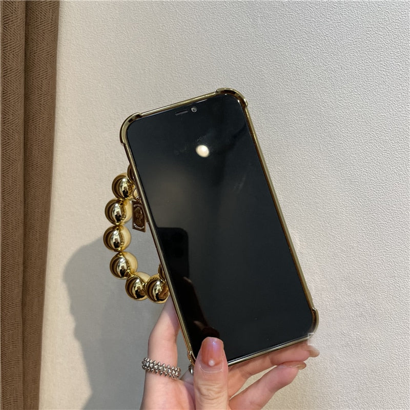 Luxury Plating Gold Diamond Phone Case with Bead Bracelet Chain for iPhone