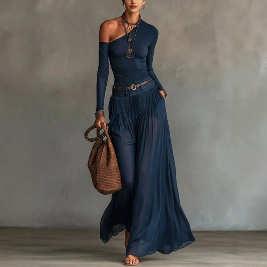 Women's Fashionable Asymmetrical One-Shoulder Top and Maxi Skirt Set with Belt