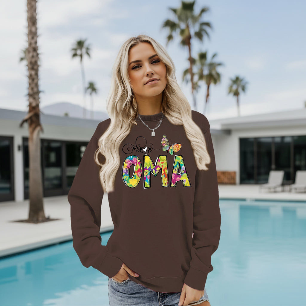 OMA" Butterfly Tie-Dye Print Sweatshirt | Loose Fit Brown Pullover for Grandmas