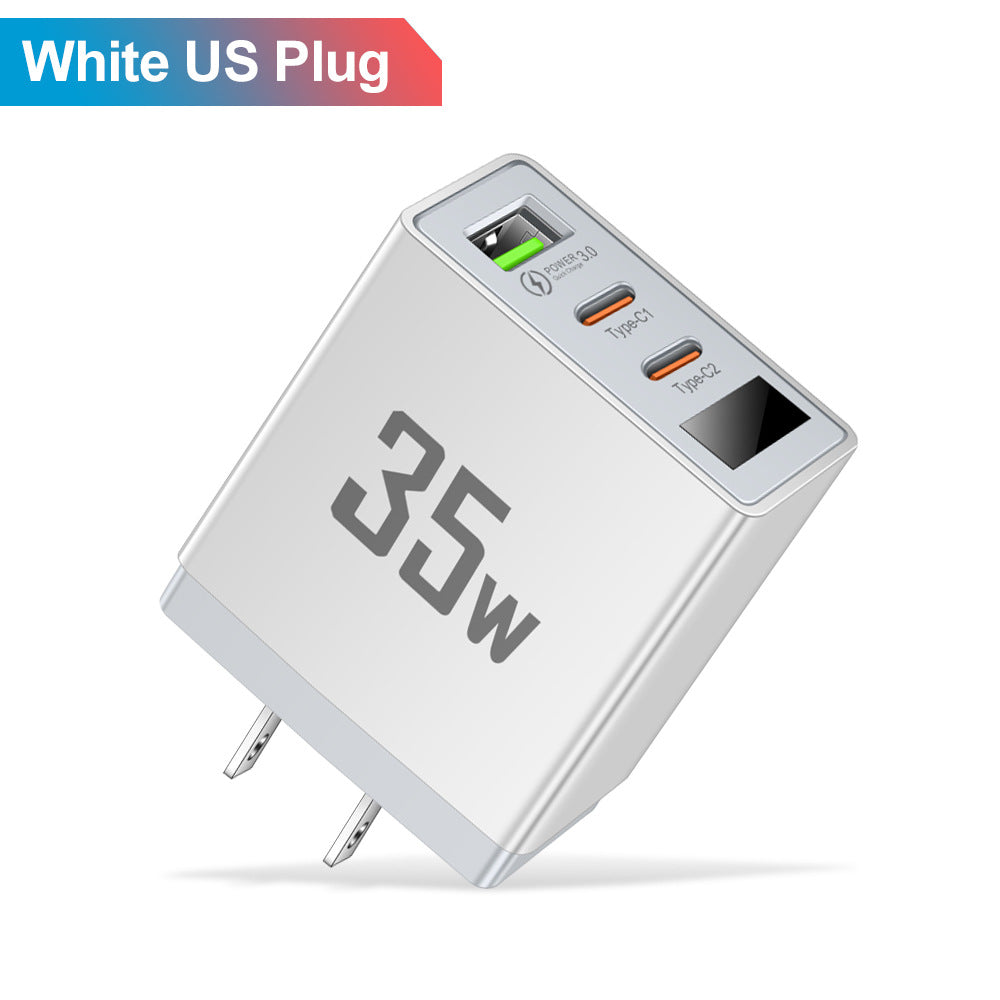 35W 3-Port Fast Wall Charger - 1 USB & 2 Type-C Intelligent Digital Display Power Adapter