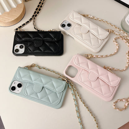 Luxury Quilted Leather Wallet Phone Case with Crossbody Chain & Card Holder for iPhone 16 15 14 13 Pro Max