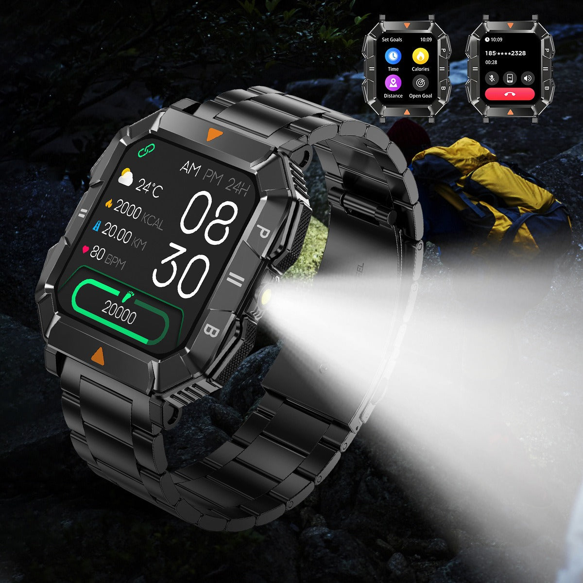 YK03 Smart Watch - Bluetooth Calling Rugged Smartwatch with Built-in Flashlight, Heart Rate & Blood Oxygen Monitoring