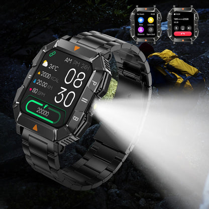 YK03 Smart Watch - Bluetooth Calling Rugged Smartwatch with Built-in Flashlight, Heart Rate & Blood Oxygen Monitoring