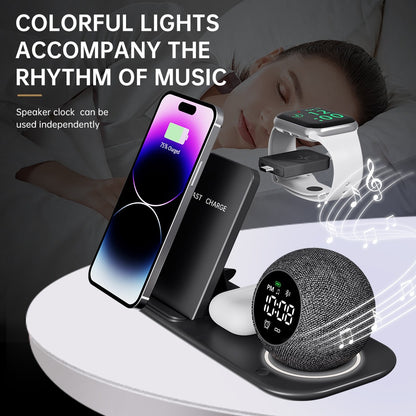 6-in-1 Wireless Charging Desk Station - Bluetooth Speaker, Digital Alarm Clock & Multi-Device Fast Charger