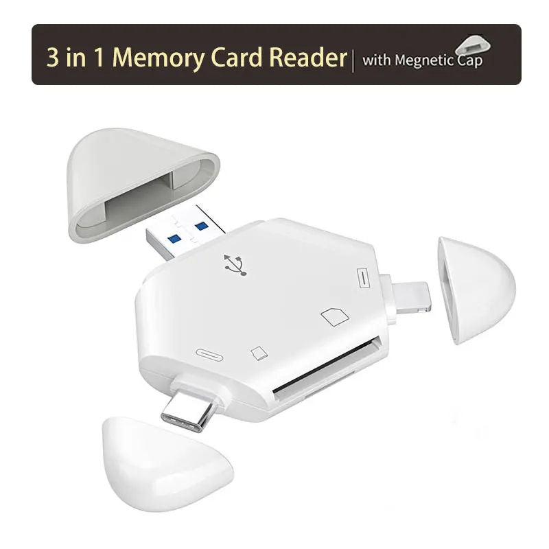 Multi-Function 3-in-1 SD/TF Card Reader Adapter - Universal Memory Card Reader for Phone, Tablet & Laptop