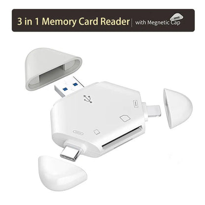 Multi-Function 3-in-1 SD/TF Card Reader Adapter - Universal Memory Card Reader for Phone, Tablet & Laptop