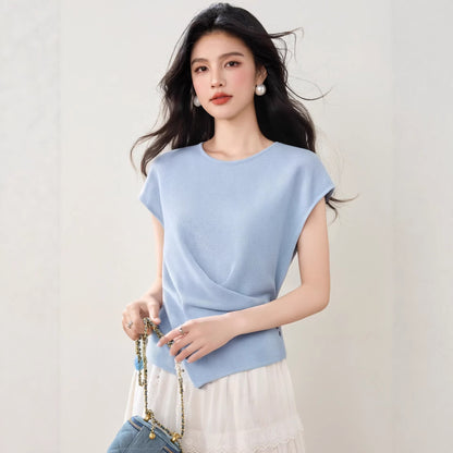Women's Ice Silk Knitted T-Shirt - Short Sleeve Cross Wrap Crop Top