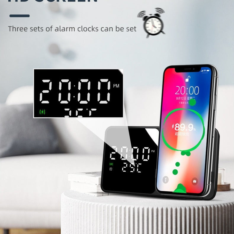 15W Fast Wireless Charger & Mobile Phone Stand - Digital Alarm Clock with Temperature Gauge