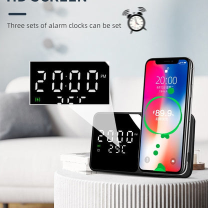 15W Fast Wireless Charger & Mobile Phone Stand - Digital Alarm Clock with Temperature Gauge