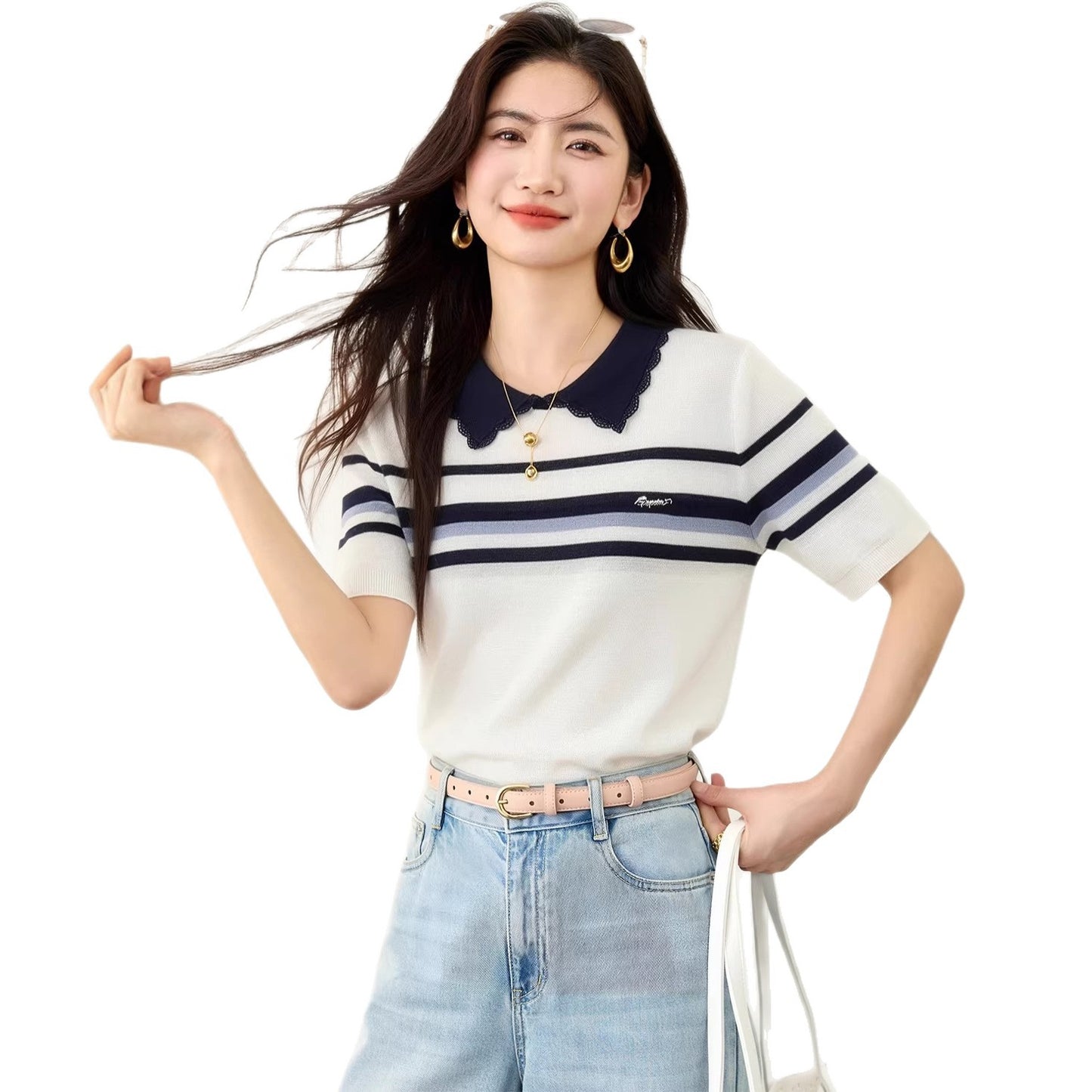 Women's Color-Blocking Stripe Knit Top - Casual Short Sleeve Workwear Shirt