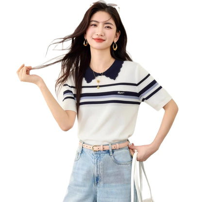 Women's Color-Blocking Stripe Knit Top - Casual Short Sleeve Workwear Shirt