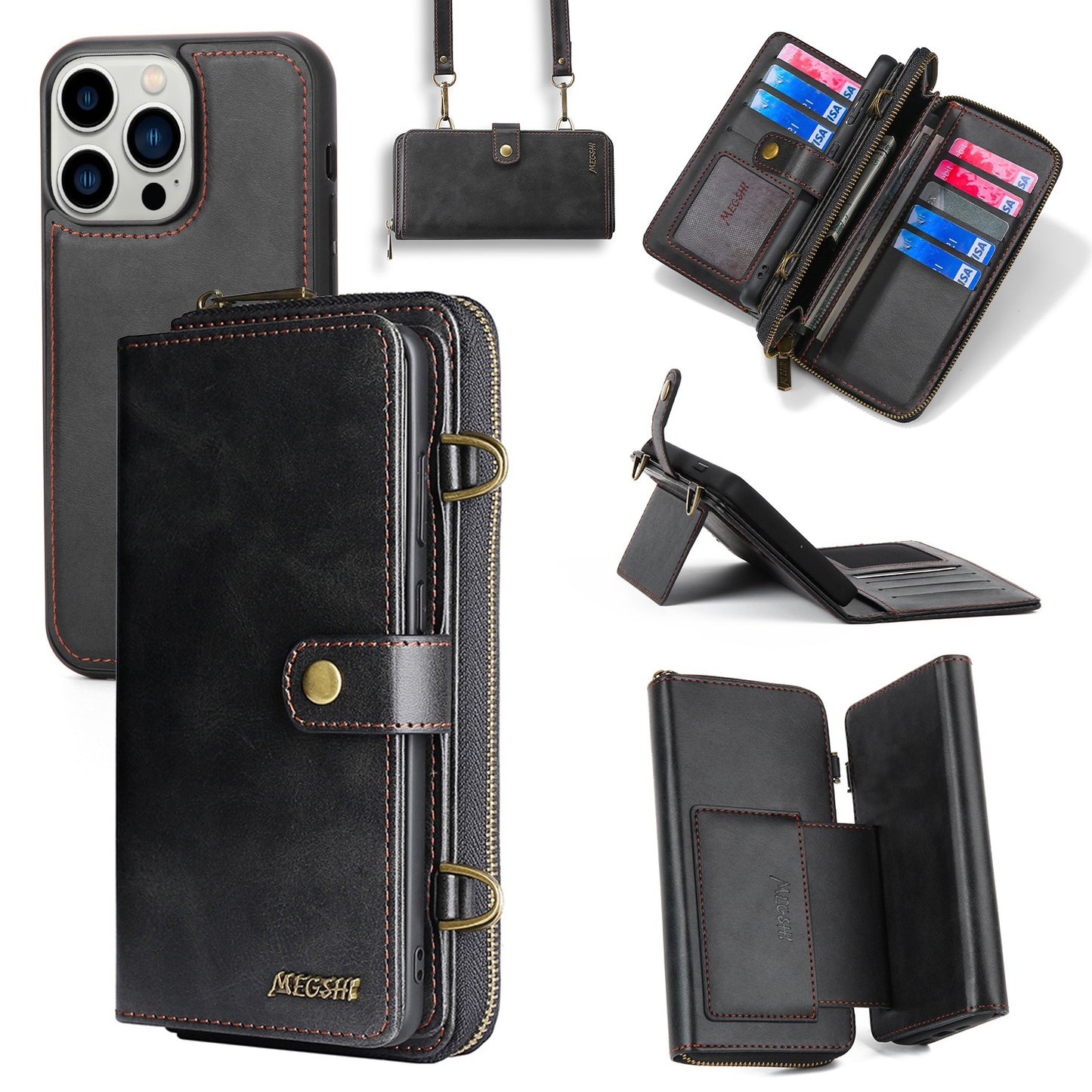 Multi-Function Crossbody Zipper Wallet Case for iPhone 15 Pro Max - Magnetic Detachable Leather Cover with Strap