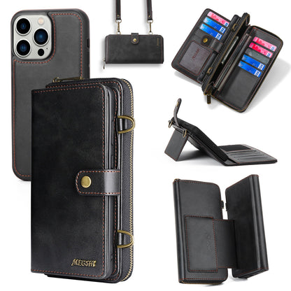 Multi-Function Crossbody Zipper Wallet Case for iPhone 15 Pro Max - Magnetic Detachable Leather Cover with Strap