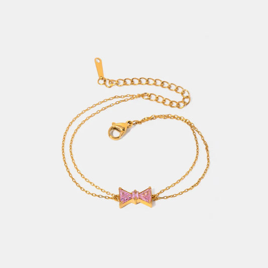 Elegant Stainless Steel Pink Zircon Bow Bracelet for Women