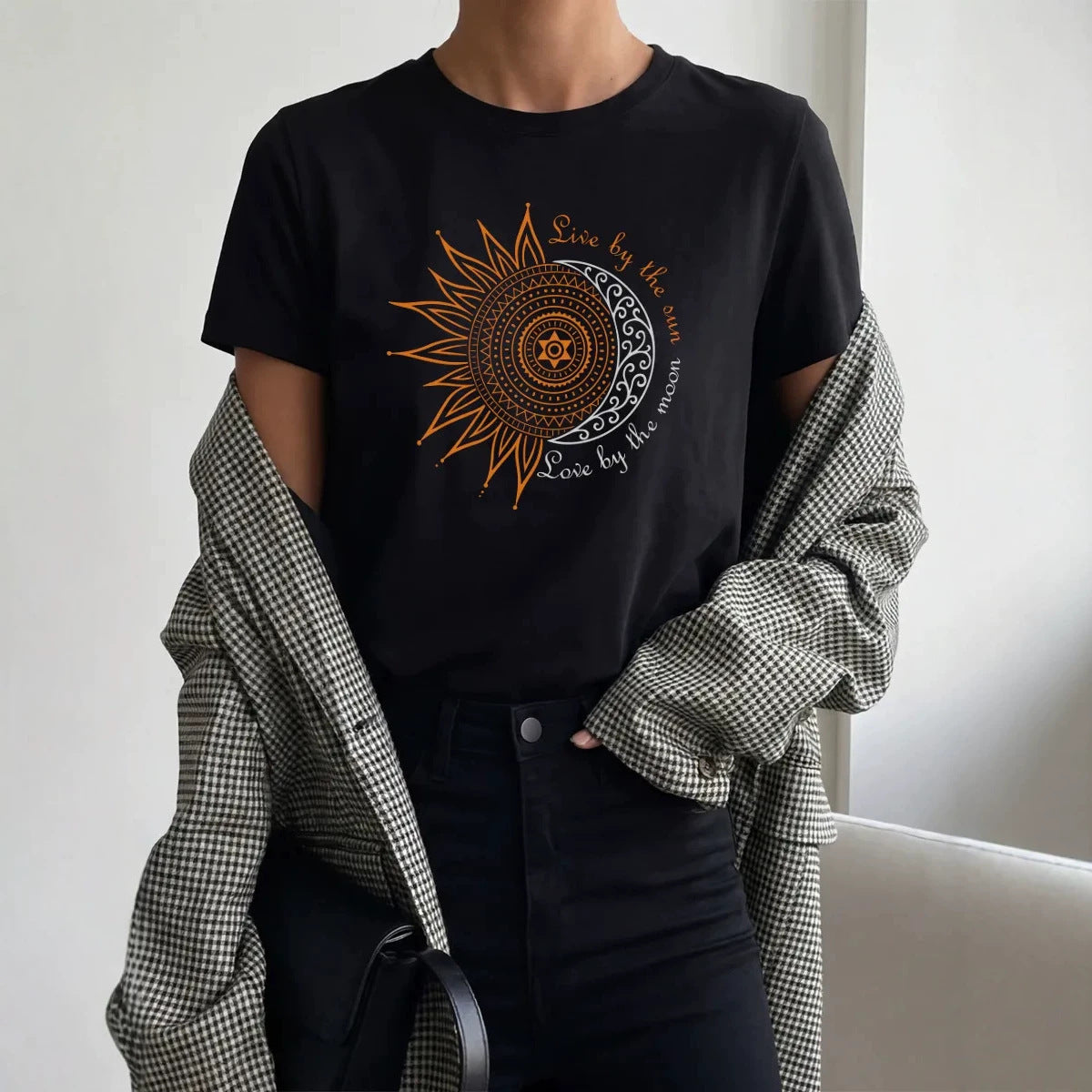 Women's Celestial Sun and Moon Printed Round Neck Casual Tee