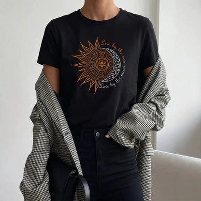 Women's Celestial Sun and Moon Printed Round Neck Casual Tee