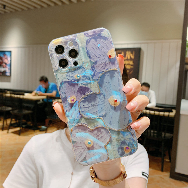 3D Oil Painting Purple Blue Floral Phone Case with Rhinestones for iPhone 16 15 14 13 Pro Max - Aesthetic Flower Cover